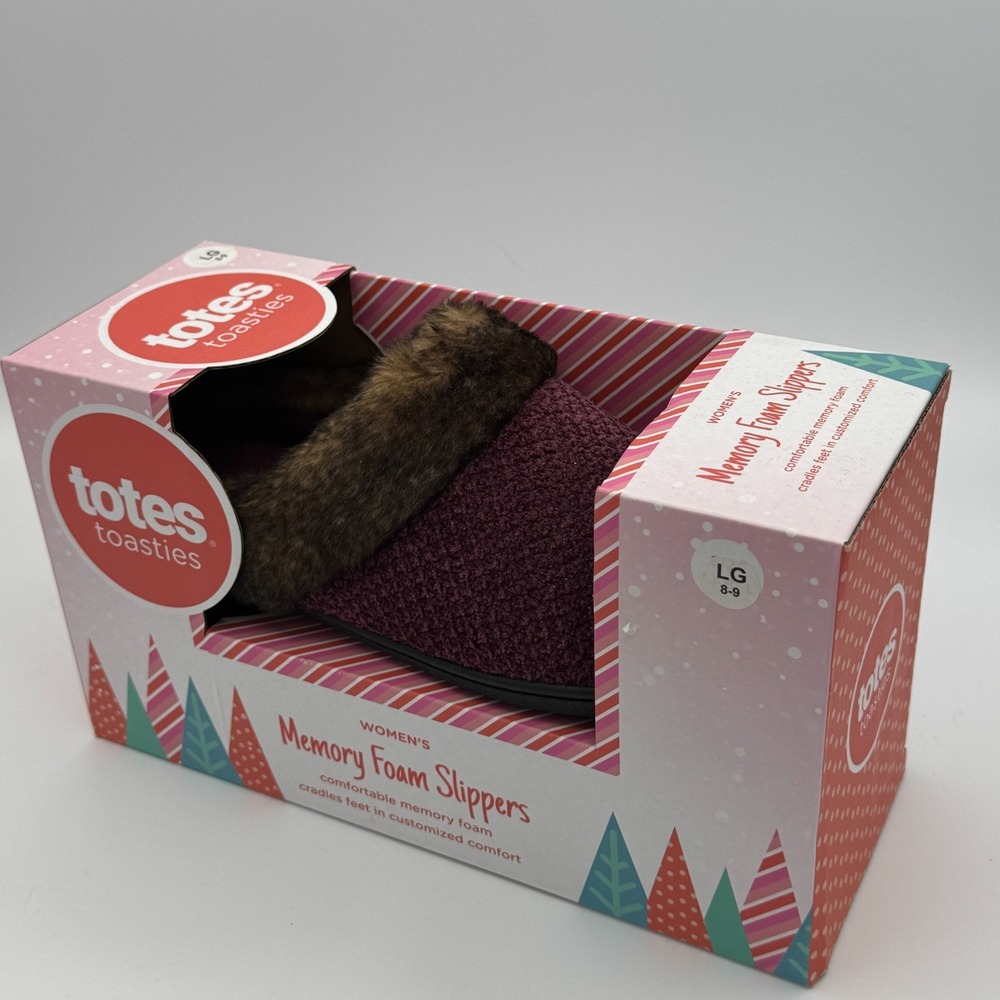 Totes New In Box Women's Lg 8-9 Toasties‎ Slippers Wine Color with Faux Fur Trim